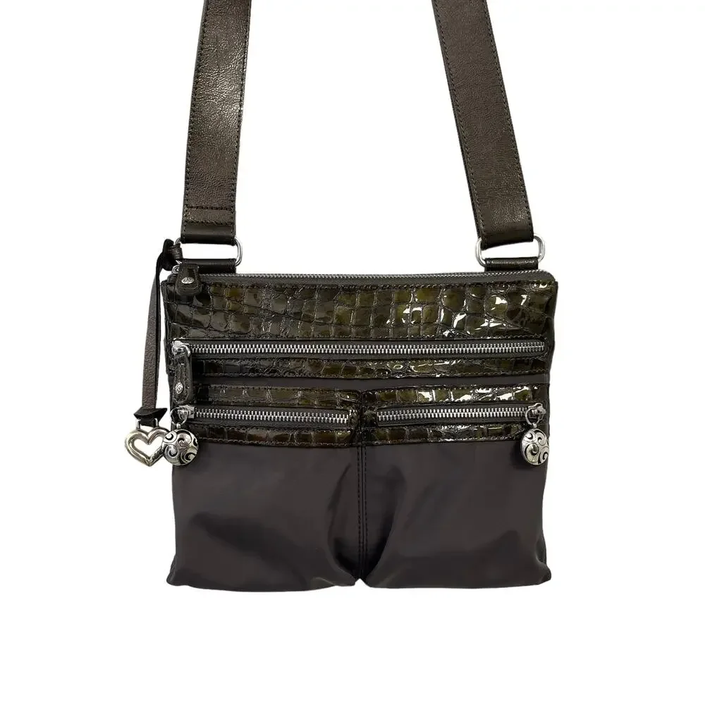 Brighton Green Grey Nylon Leather Croc Embossed Crossbody Handbag
